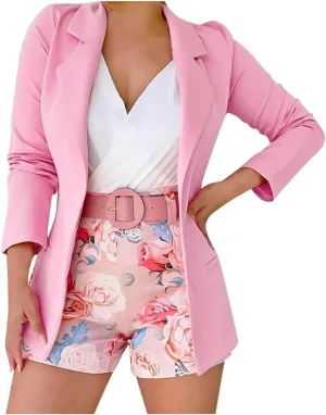 hlysgo Women's Blazer Shorts Set 2 Piece Outfits Long Sleeve Blazer Jacket with Shorts Elegant Business Office Suit Sets