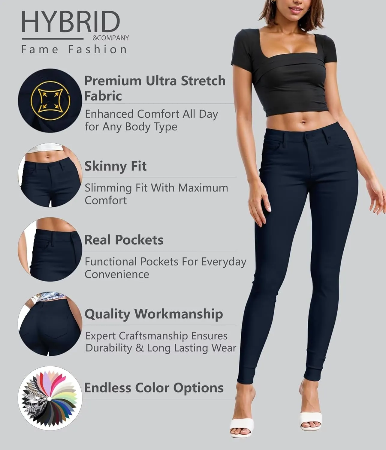 Hybrid & Company Womens Hyper Ultra Stretch Comfy Skinny Leg Work Casual Pants