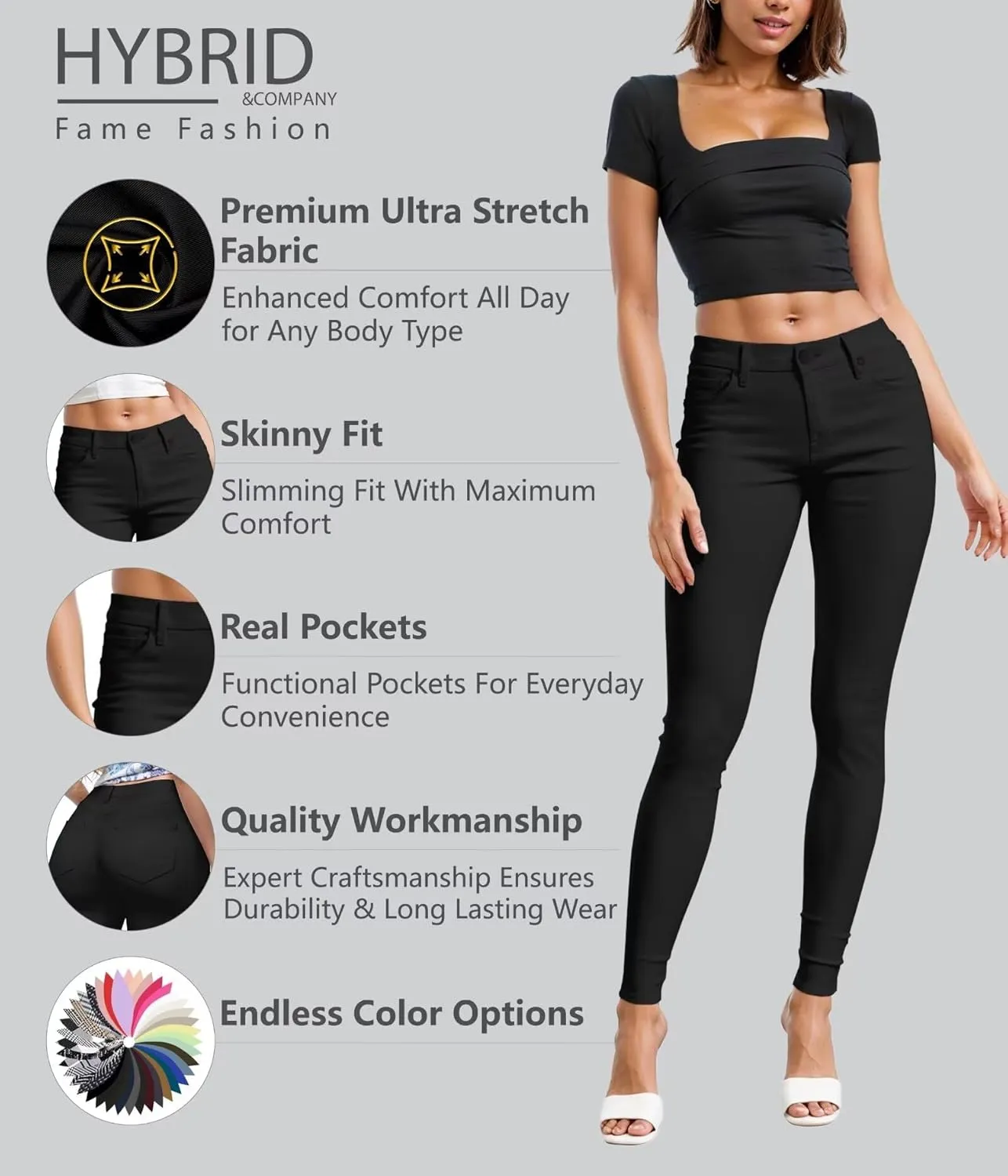 Hybrid & Company Womens Hyper Ultra Stretch Comfy Skinny Leg Work Casual Pants