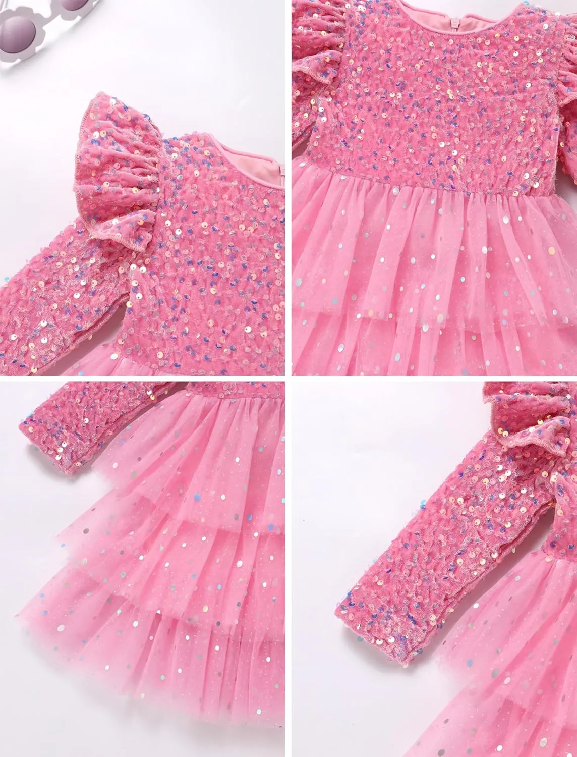 IDOPIP Toddler Girls Sequins Velvet Tutu Dress Glitter Christmas Tiered Mesh Dress Winter Long Sleeve Princess Pageant Dress