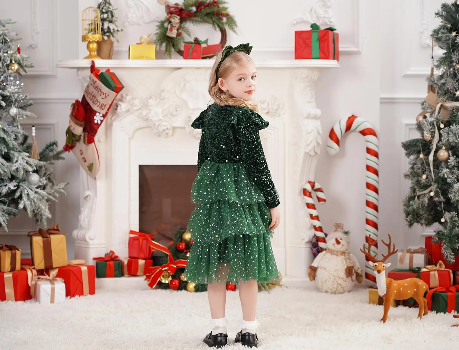 IDOPIP Toddler Girls Sequins Velvet Tutu Dress Glitter Christmas Tiered Mesh Dress Winter Long Sleeve Princess Pageant Dress
