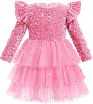 IDOPIP Toddler Girls Sequins Velvet Tutu Dress Glitter Christmas Tiered Mesh Dress Winter Long Sleeve Princess Pageant Dress