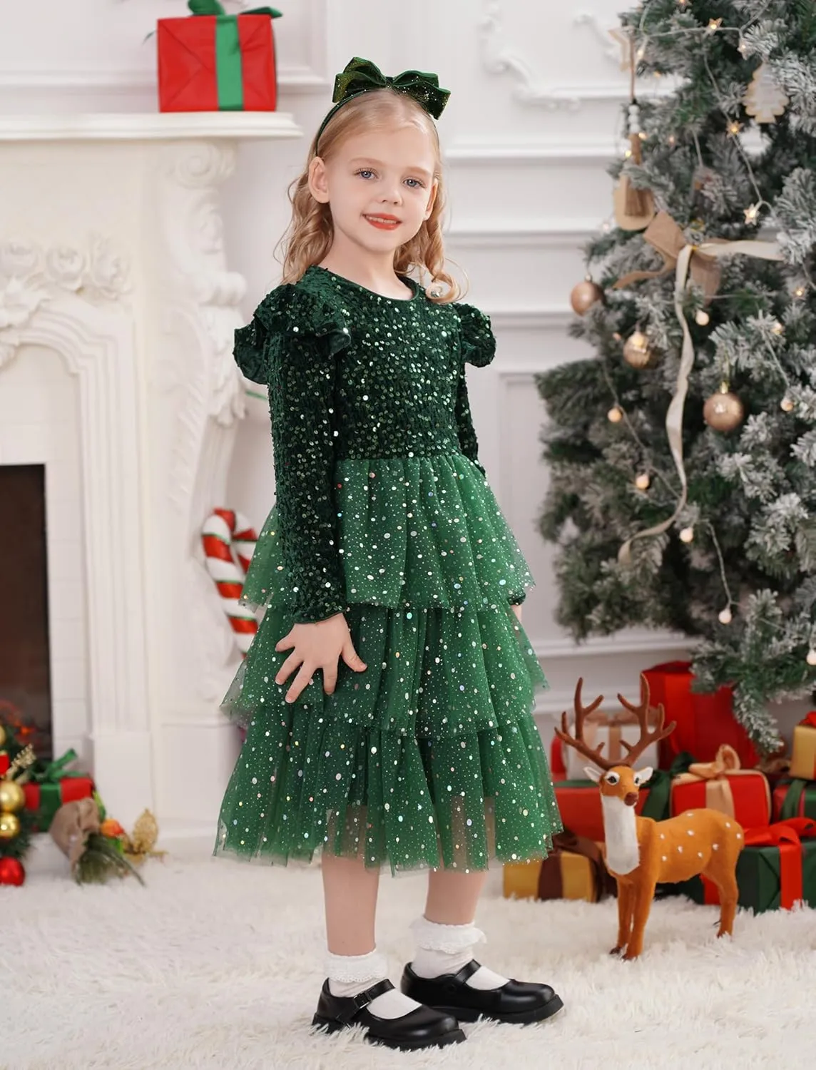 IDOPIP Toddler Girls Sequins Velvet Tutu Dress Glitter Christmas Tiered Mesh Dress Winter Long Sleeve Princess Pageant Dress