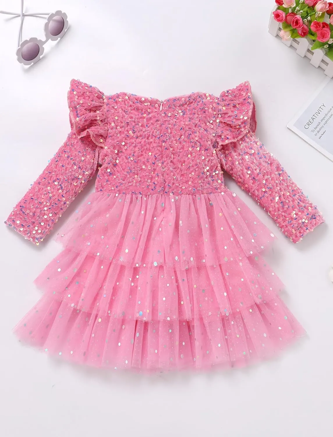IDOPIP Toddler Girls Sequins Velvet Tutu Dress Glitter Christmas Tiered Mesh Dress Winter Long Sleeve Princess Pageant Dress