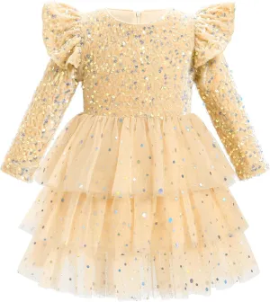 IDOPIP Toddler Girls Sequins Velvet Tutu Dress Glitter Christmas Tiered Mesh Dress Winter Long Sleeve Princess Pageant Dress