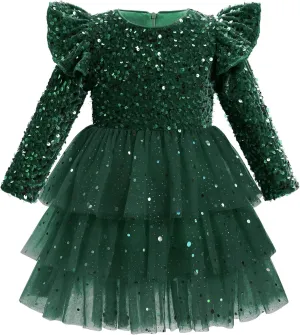 IDOPIP Toddler Girls Sequins Velvet Tutu Dress Glitter Christmas Tiered Mesh Dress Winter Long Sleeve Princess Pageant Dress