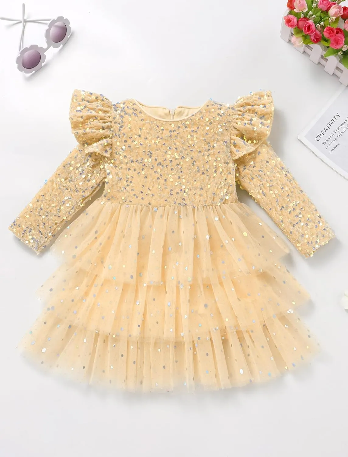 IDOPIP Toddler Girls Sequins Velvet Tutu Dress Glitter Christmas Tiered Mesh Dress Winter Long Sleeve Princess Pageant Dress