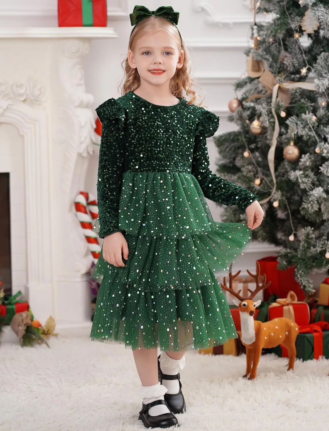 IDOPIP Toddler Girls Sequins Velvet Tutu Dress Glitter Christmas Tiered Mesh Dress Winter Long Sleeve Princess Pageant Dress