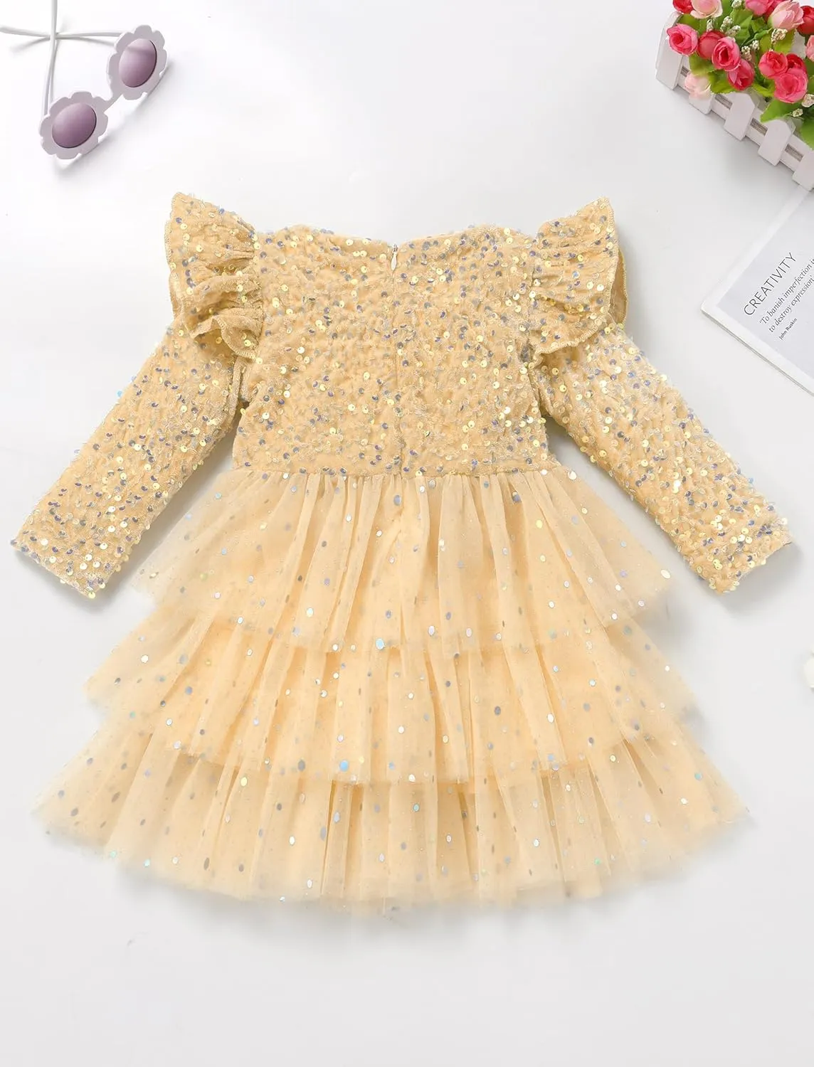 IDOPIP Toddler Girls Sequins Velvet Tutu Dress Glitter Christmas Tiered Mesh Dress Winter Long Sleeve Princess Pageant Dress