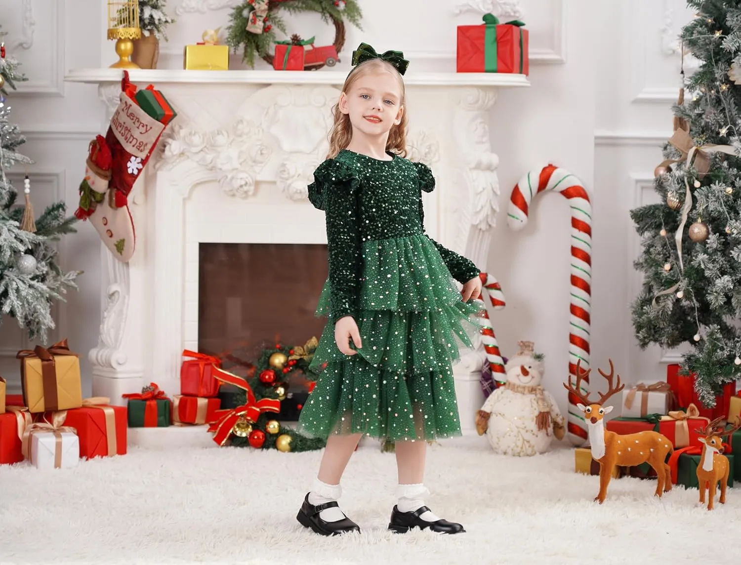 IDOPIP Toddler Girls Sequins Velvet Tutu Dress Glitter Christmas Tiered Mesh Dress Winter Long Sleeve Princess Pageant Dress