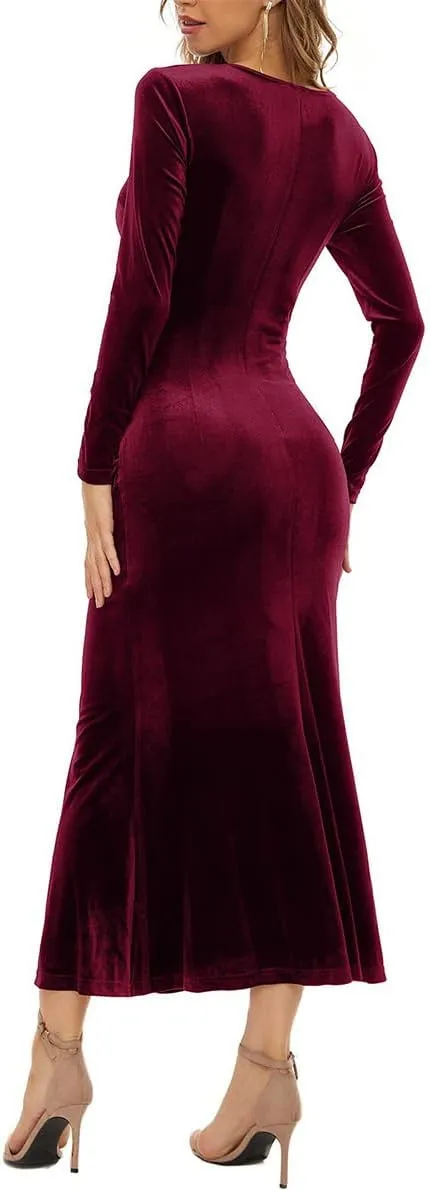 IWEMEK Elegant Velvet Dress for Women Long Sleeve Fall Velvet Wrap V Neck Bodycon Ruched Cocktail Party Dress Wedding Guest