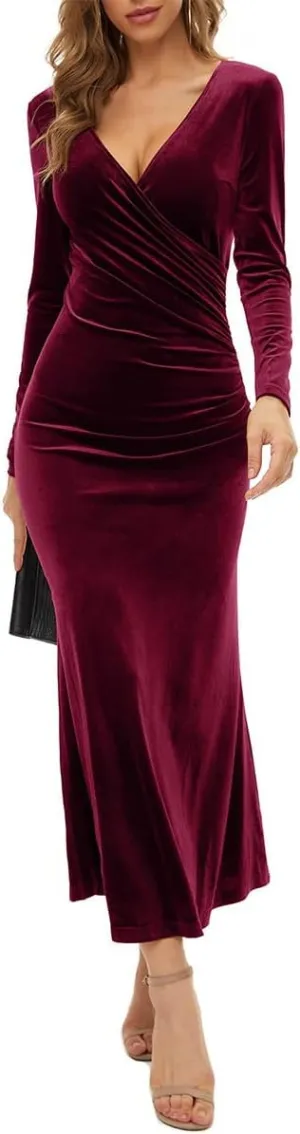 IWEMEK Elegant Velvet Dress for Women Long Sleeve Fall Velvet Wrap V Neck Bodycon Ruched Cocktail Party Dress Wedding Guest