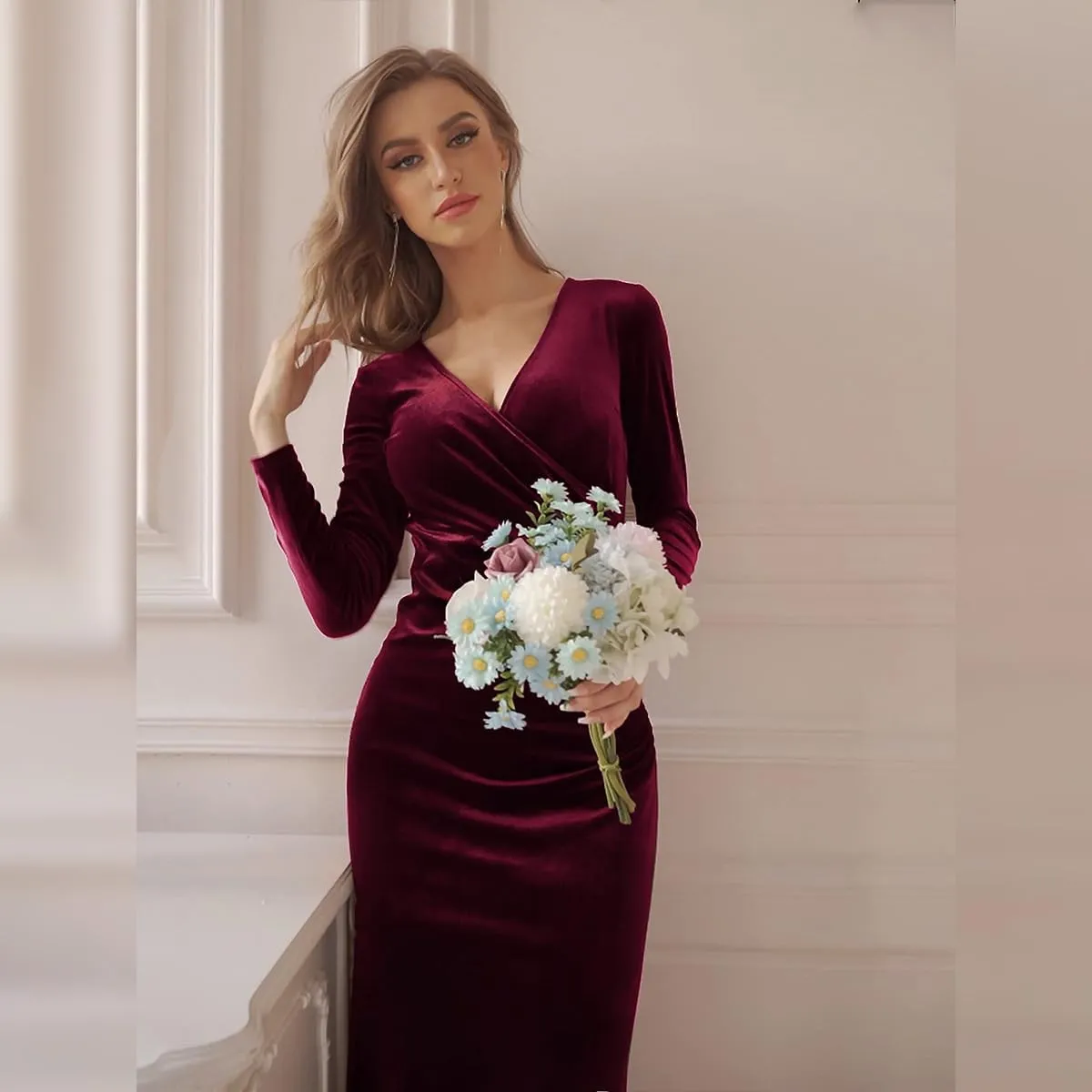 IWEMEK Elegant Velvet Dress for Women Long Sleeve Fall Velvet Wrap V Neck Bodycon Ruched Cocktail Party Dress Wedding Guest