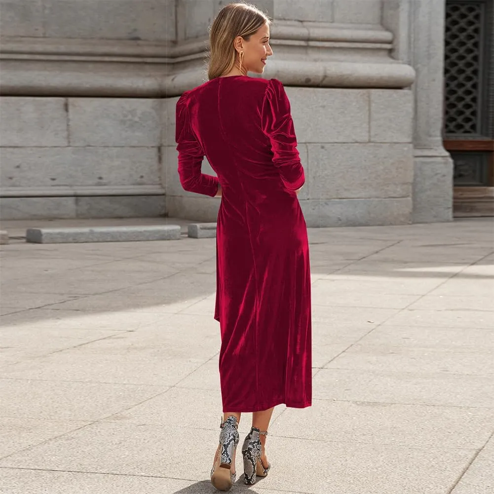 IWEMEK Women Velvet Dress Long Sleeve Wrap V Neck Ruched Bodycon Cocktail Party Maxi Dress Fall Winter Wedding Guest Dress