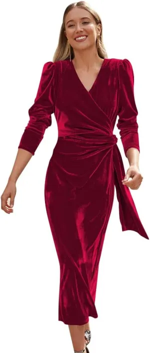 IWEMEK Women Velvet Dress Long Sleeve Wrap V Neck Ruched Bodycon Cocktail Party Maxi Dress Fall Winter Wedding Guest Dress