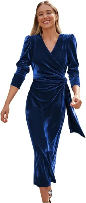 IWEMEK Women Velvet Dress Long Sleeve Wrap V Neck Ruched Bodycon Cocktail Party Maxi Dress Fall Winter Wedding Guest Dress