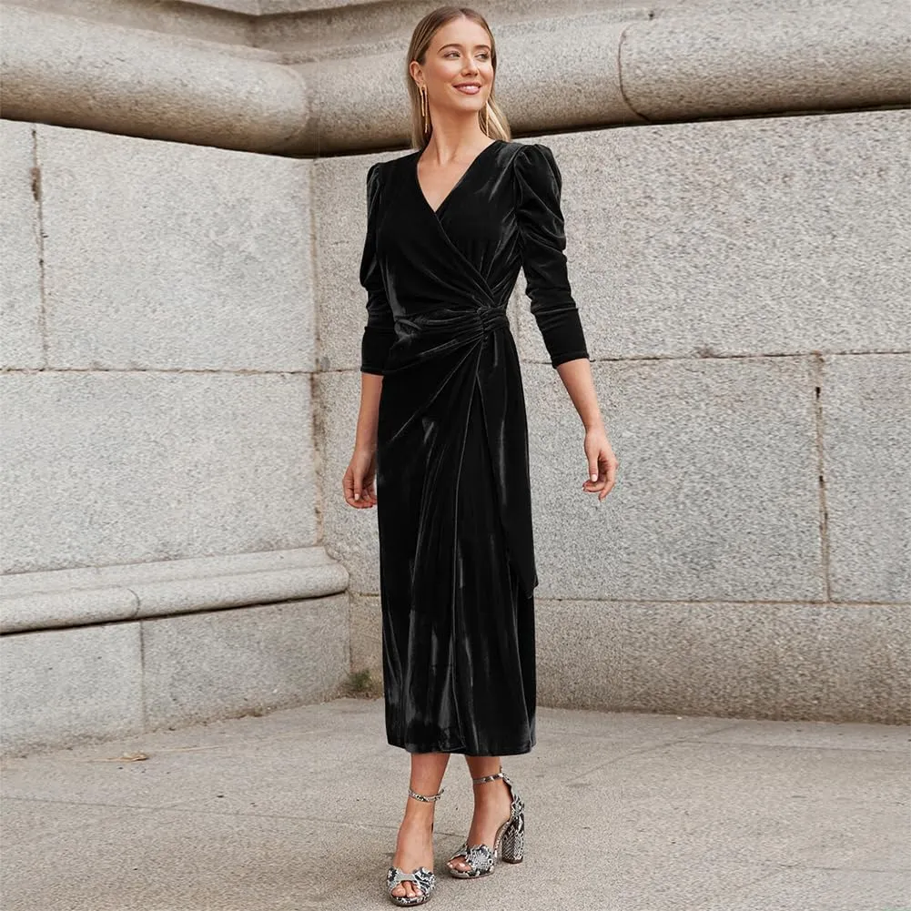 IWEMEK Women Velvet Dress Long Sleeve Wrap V Neck Ruched Bodycon Cocktail Party Maxi Dress Fall Winter Wedding Guest Dress