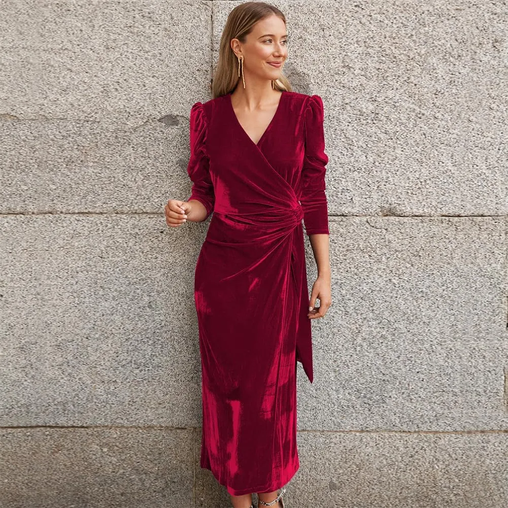 IWEMEK Women Velvet Dress Long Sleeve Wrap V Neck Ruched Bodycon Cocktail Party Maxi Dress Fall Winter Wedding Guest Dress
