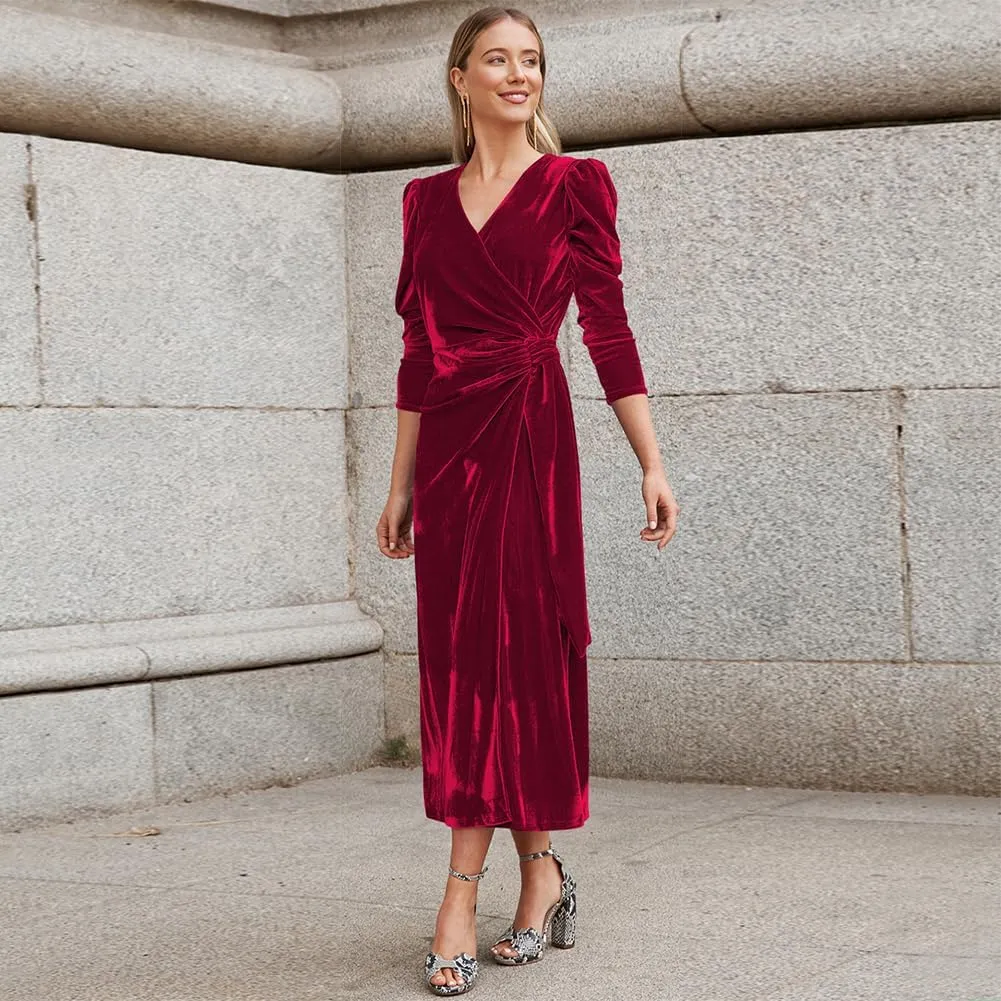 IWEMEK Women Velvet Dress Long Sleeve Wrap V Neck Ruched Bodycon Cocktail Party Maxi Dress Fall Winter Wedding Guest Dress