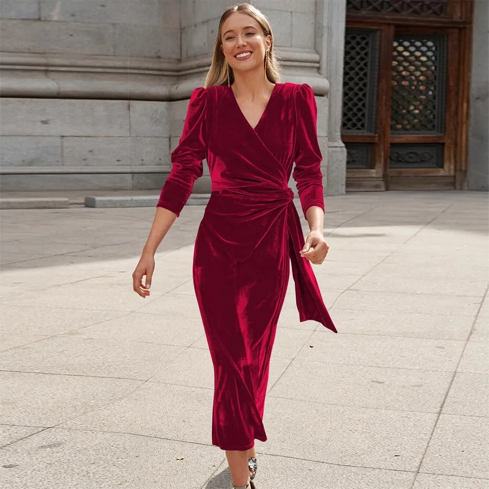 IWEMEK Women Velvet Dress Long Sleeve Wrap V Neck Ruched Bodycon Cocktail Party Maxi Dress Fall Winter Wedding Guest Dress