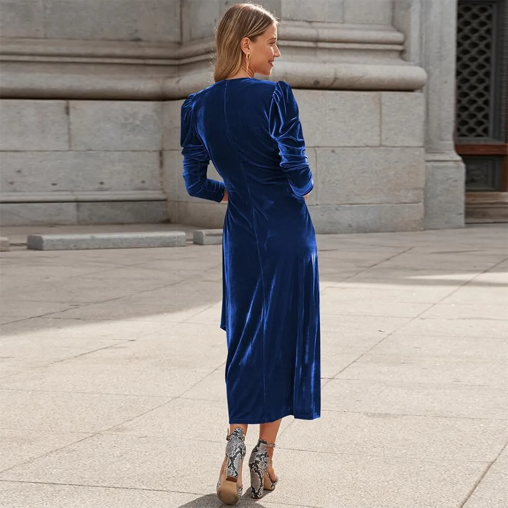 IWEMEK Women Velvet Dress Long Sleeve Wrap V Neck Ruched Bodycon Cocktail Party Maxi Dress Fall Winter Wedding Guest Dress