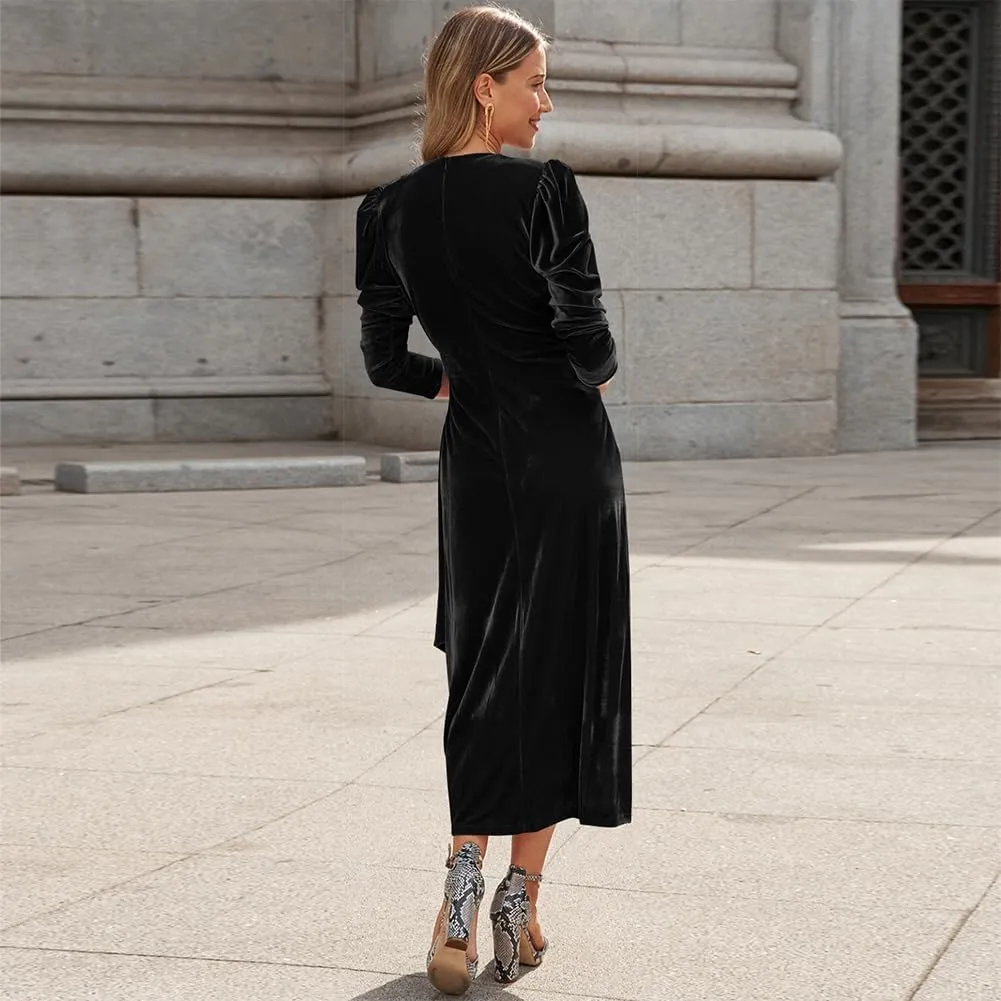 IWEMEK Women Velvet Dress Long Sleeve Wrap V Neck Ruched Bodycon Cocktail Party Maxi Dress Fall Winter Wedding Guest Dress