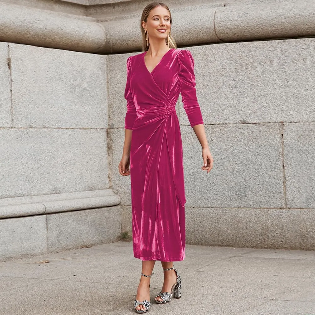 IWEMEK Women Velvet Dress Long Sleeve Wrap V Neck Ruched Bodycon Cocktail Party Maxi Dress Fall Winter Wedding Guest Dress