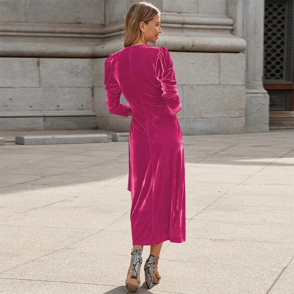 IWEMEK Women Velvet Dress Long Sleeve Wrap V Neck Ruched Bodycon Cocktail Party Maxi Dress Fall Winter Wedding Guest Dress