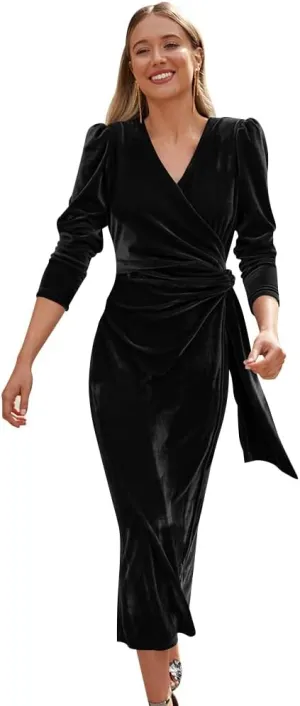 IWEMEK Women Velvet Dress Long Sleeve Wrap V Neck Ruched Bodycon Cocktail Party Maxi Dress Fall Winter Wedding Guest Dress