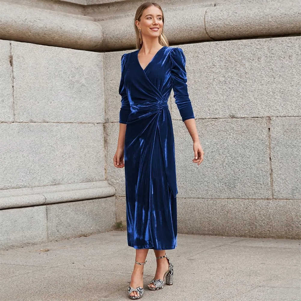IWEMEK Women Velvet Dress Long Sleeve Wrap V Neck Ruched Bodycon Cocktail Party Maxi Dress Fall Winter Wedding Guest Dress