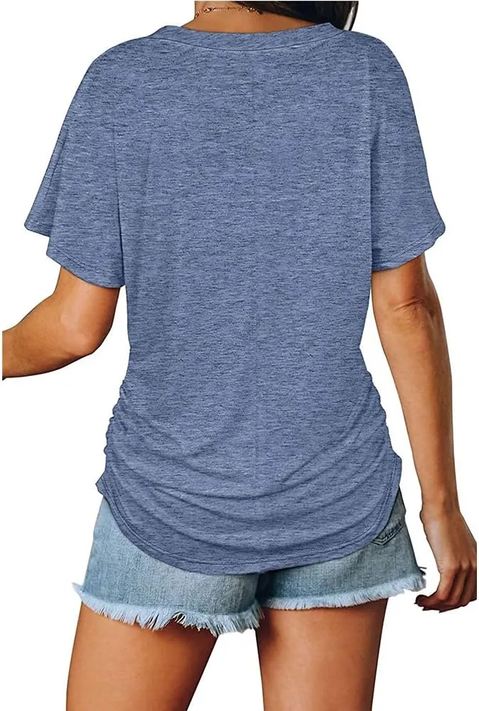 Janepam Women Summer Tops Short Sleeve Plain Solid Side Pleated Loose V-Neck Tee T-Shirt Blouse