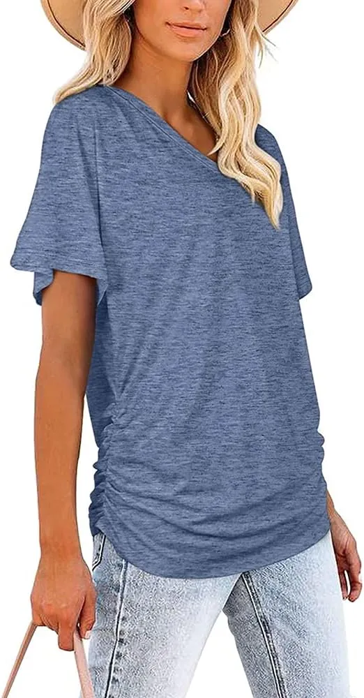 Janepam Women Summer Tops Short Sleeve Plain Solid Side Pleated Loose V-Neck Tee T-Shirt Blouse