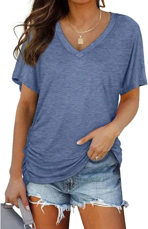 Janepam Women Summer Tops Short Sleeve Plain Solid Side Pleated Loose V-Neck Tee T-Shirt Blouse