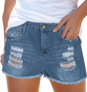 Jean Shorts Womens Stretchy High Waisted Ripped Shorts with Pockets Trendy Distressed Cuffed Hem Denim Hot Shorts