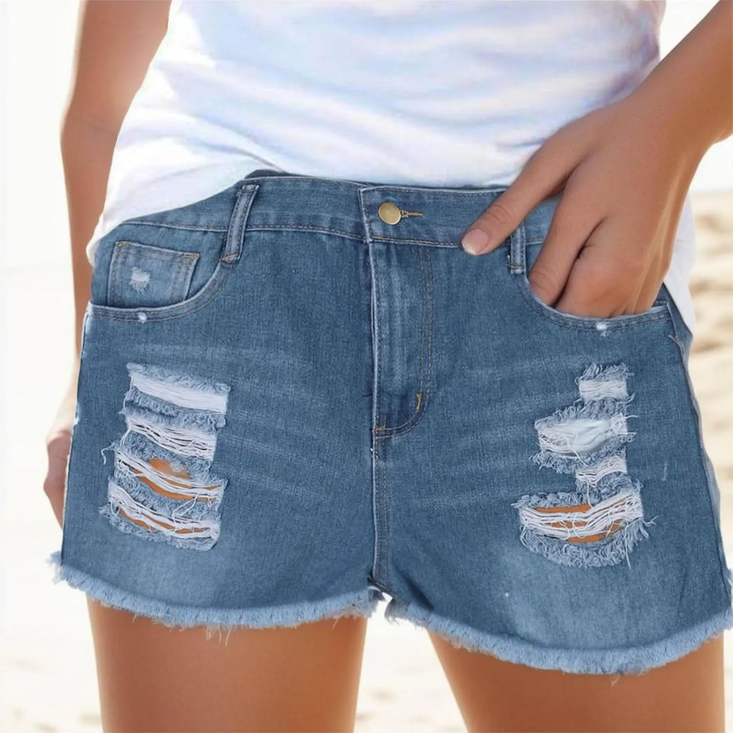 Jean Shorts Womens Stretchy High Waisted Ripped Shorts with Pockets Trendy Distressed Cuffed Hem Denim Hot Shorts