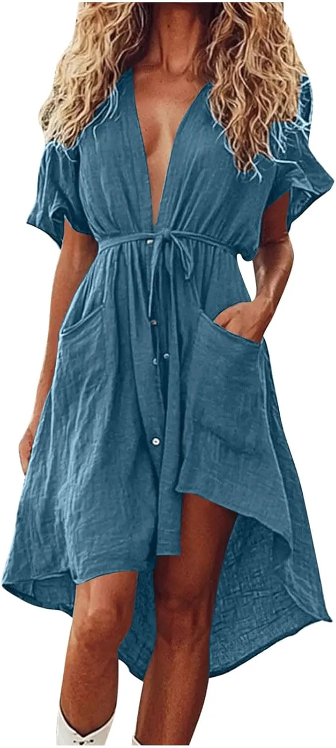 JOAU Beach Cover Ups Dress Women V Neck Short Sleeve Button Shirt Dresses Summer Belted High-Low Hem Swimsuit Coverup Dress