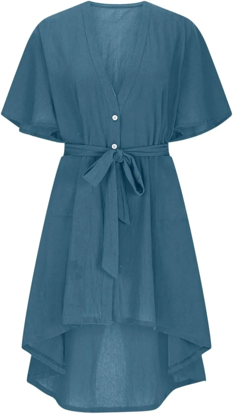JOAU Beach Cover Ups Dress Women V Neck Short Sleeve Button Shirt Dresses Summer Belted High-Low Hem Swimsuit Coverup Dress