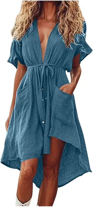 JOAU Beach Cover Ups Dress Women V Neck Short Sleeve Button Shirt Dresses Summer Belted High-Low Hem Swimsuit Coverup Dress