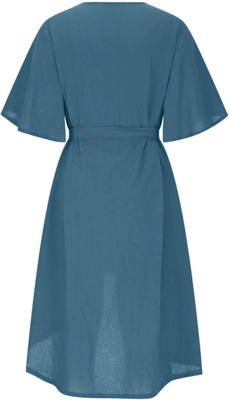 JOAU Beach Cover Ups Dress Women V Neck Short Sleeve Button Shirt Dresses Summer Belted High-Low Hem Swimsuit Coverup Dress