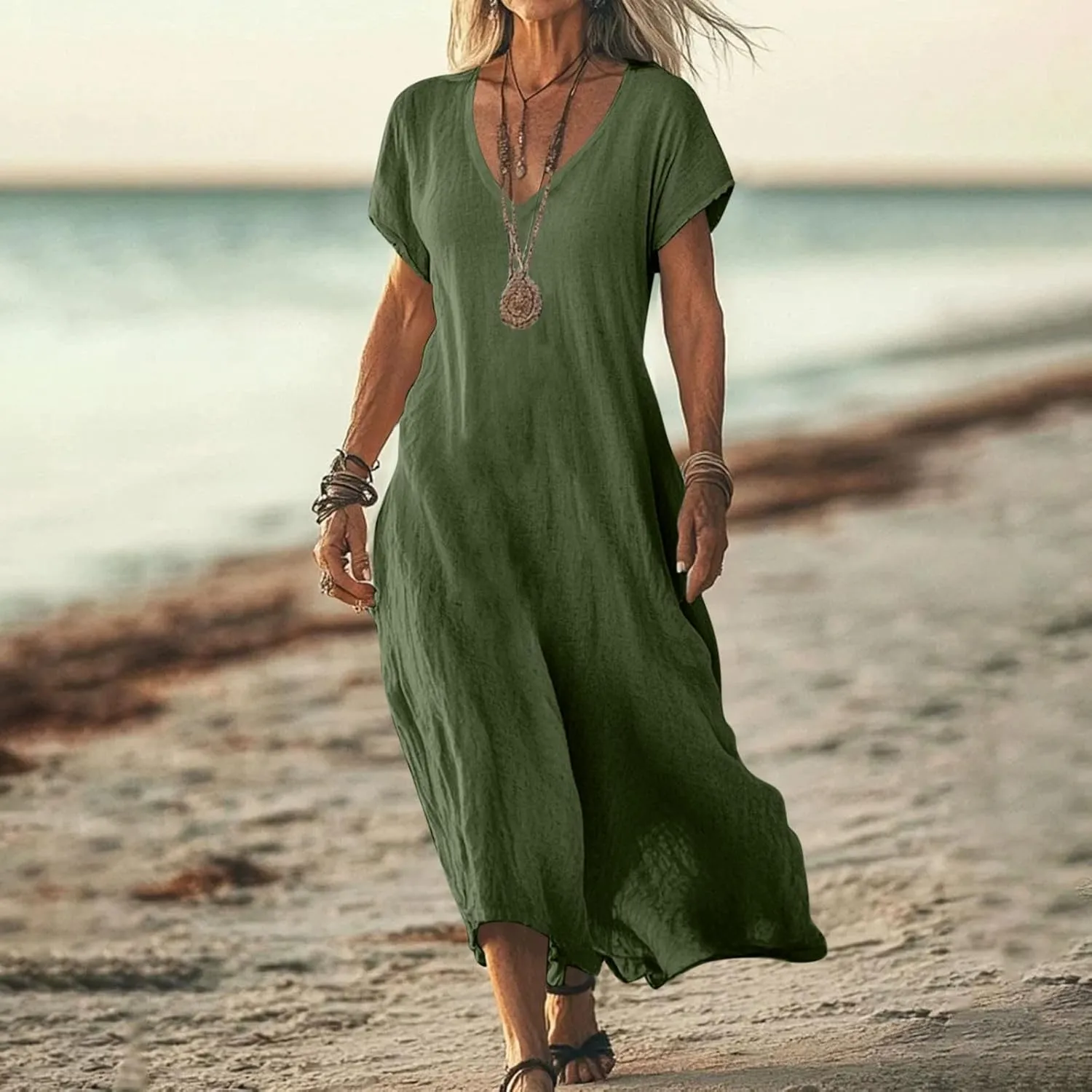 JOAU Women Summer Casual Cotton Linen Maxi Dress Loose V Neck Short Sleeve Long T Shirt Dresses Beach Travel Vacation Outfits