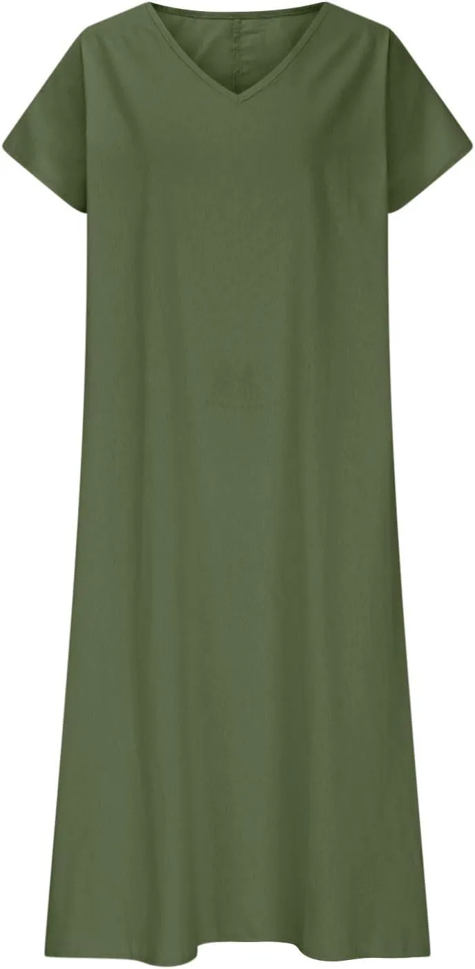 JOAU Women Summer Casual Cotton Linen Maxi Dress Loose V Neck Short Sleeve Long T Shirt Dresses Beach Travel Vacation Outfits