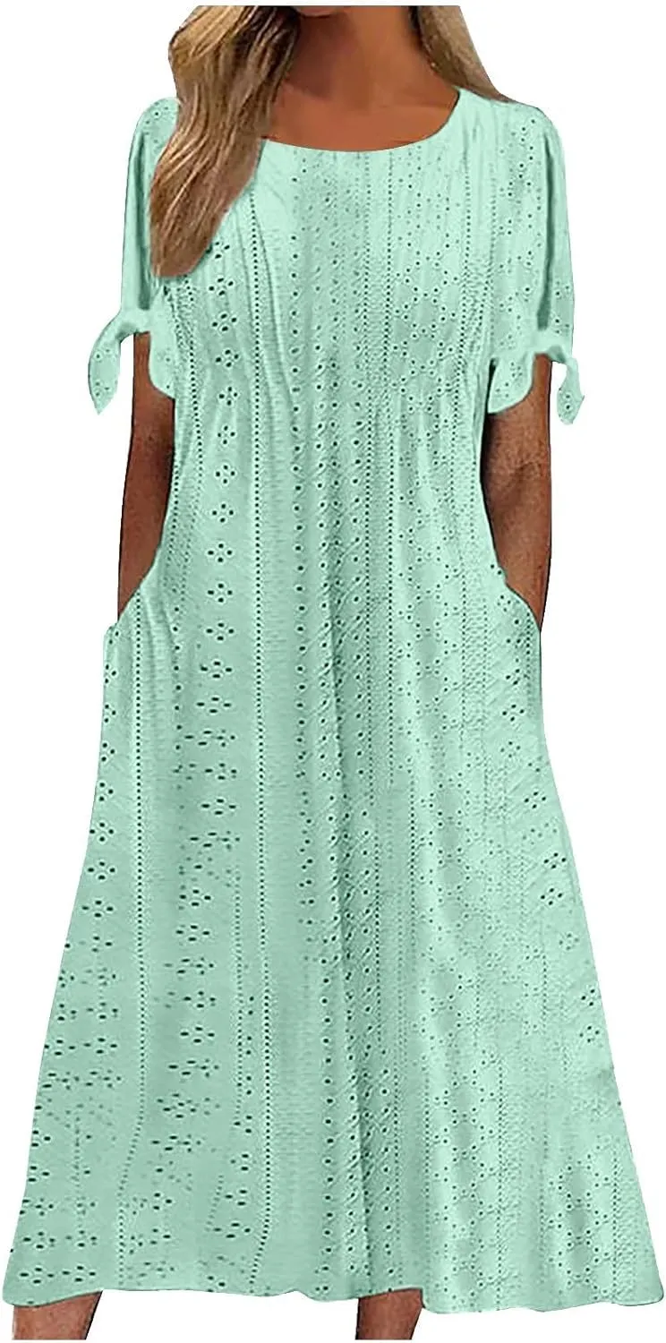 JOAU Womens Boho Hollow Out Eyelet Midi Dress Summer Crew Neck Tie Knot Slit Short Sleeve Vacation Beach Dresses with Pockets