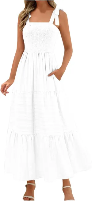 JOAU Women's Summer Boho Maxi Dress Beach Vacation Casual Tie Bow Straps Smocked A Line Tiered Ruffle Sundress with Pockets