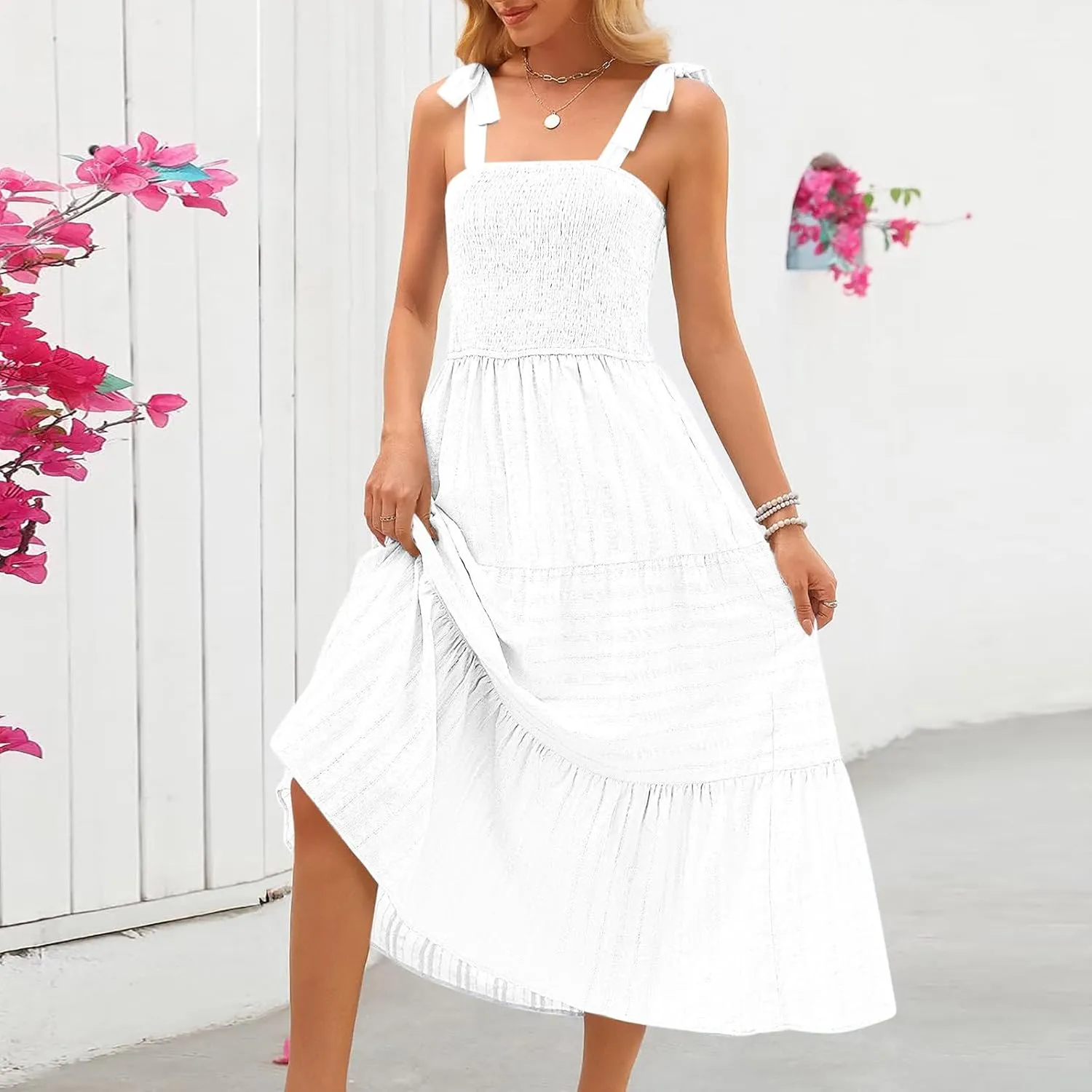 JOAU Women's Summer Boho Maxi Dress Beach Vacation Casual Tie Bow Straps Smocked A Line Tiered Ruffle Sundress with Pockets