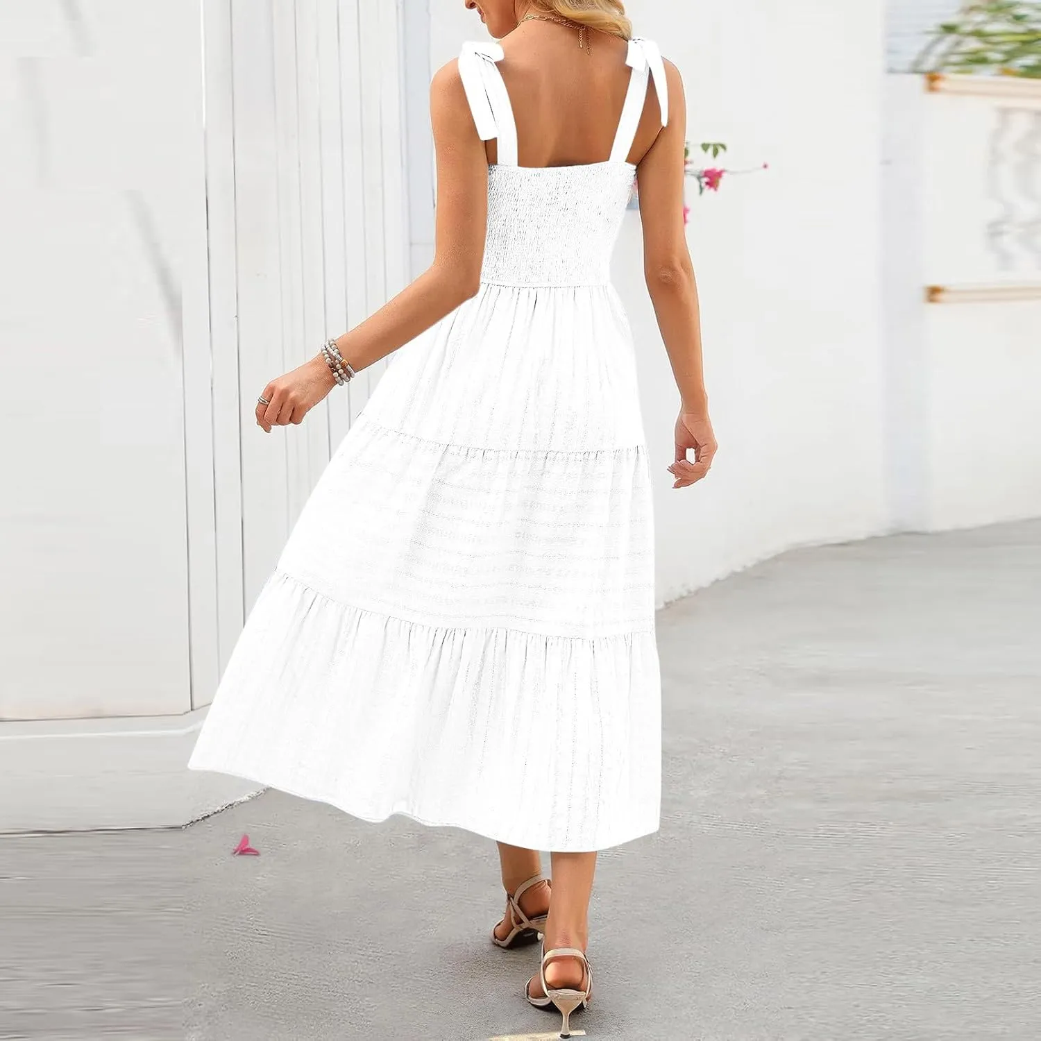 JOAU Women's Summer Boho Maxi Dress Beach Vacation Casual Tie Bow Straps Smocked A Line Tiered Ruffle Sundress with Pockets