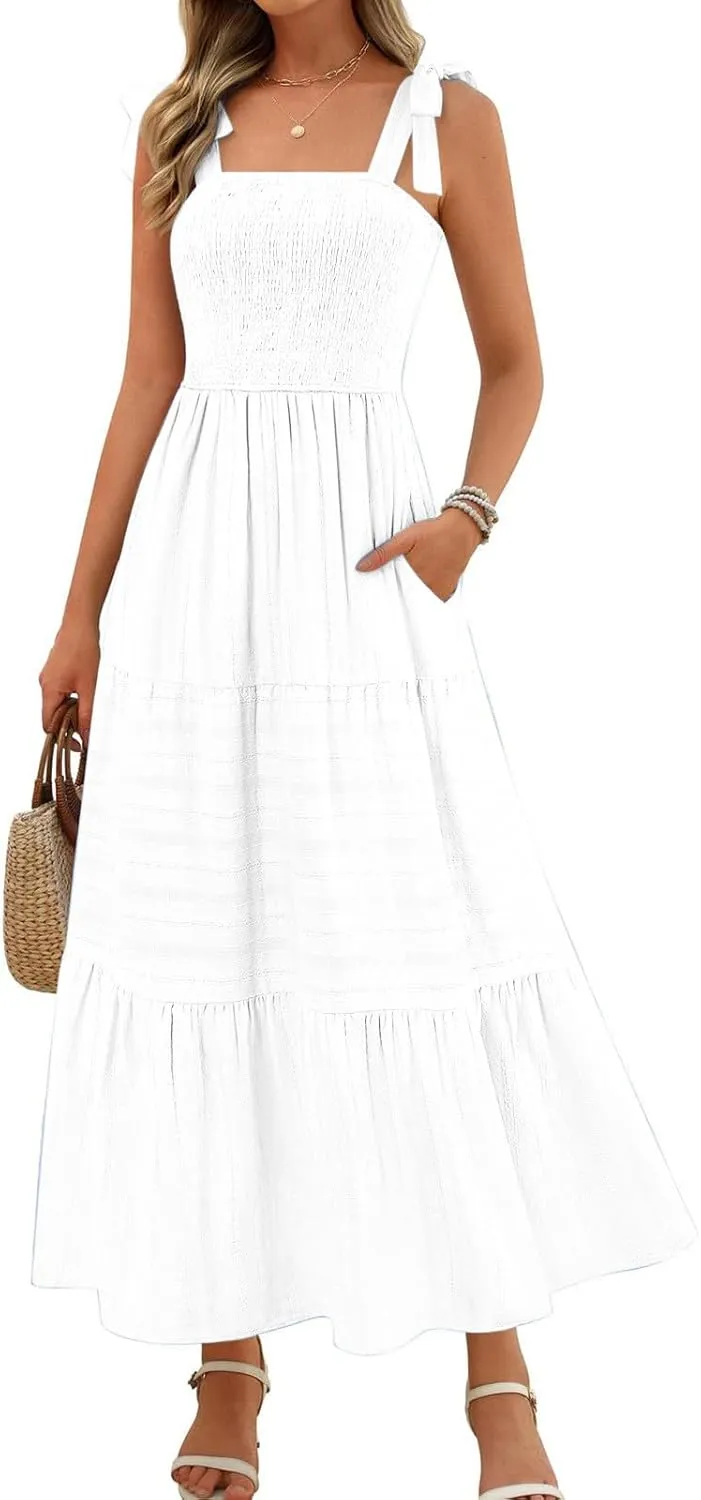 JOAU Women's Summer Boho Maxi Dress Beach Vacation Casual Tie Bow Straps Smocked A Line Tiered Ruffle Sundress with Pockets
