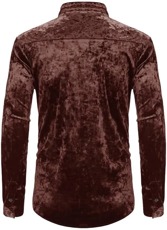 KISSQIQI Mens Dress Shirts Velvet Long Sleeve Shirts Casual Button Down Solid Slim Fit Muscle Shirt for Wedding Party