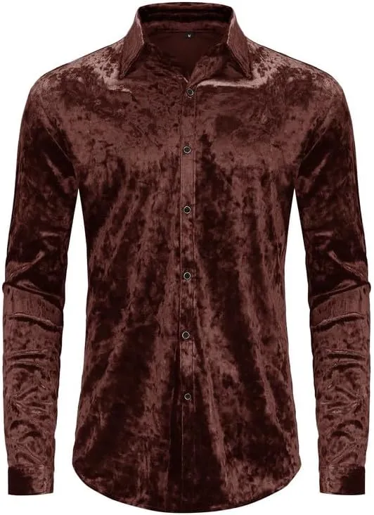 KISSQIQI Mens Dress Shirts Velvet Long Sleeve Shirts Casual Button Down Solid Slim Fit Muscle Shirt for Wedding Party