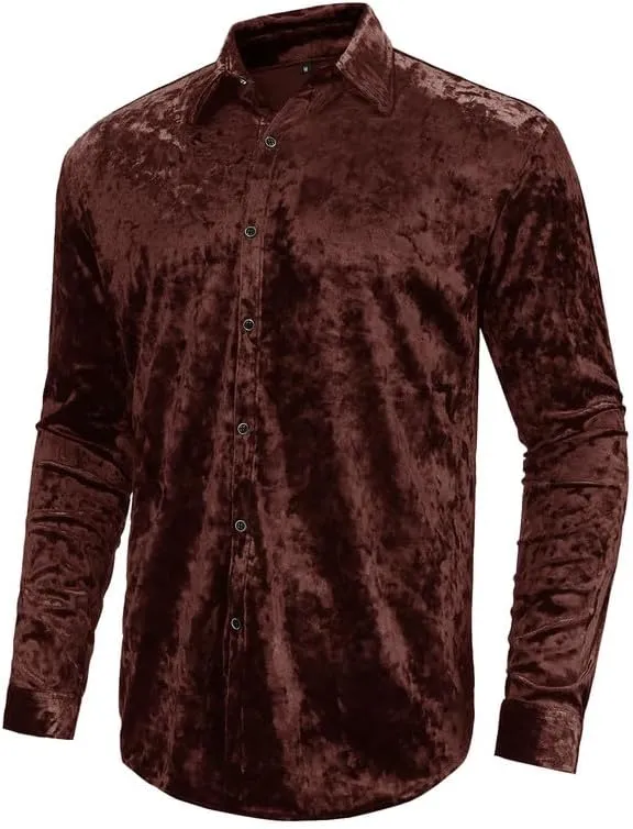 KISSQIQI Mens Dress Shirts Velvet Long Sleeve Shirts Casual Button Down Solid Slim Fit Muscle Shirt for Wedding Party