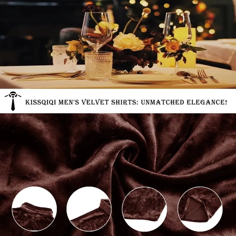 KISSQIQI Mens Dress Shirts Velvet Long Sleeve Shirts Casual Button Down Solid Slim Fit Muscle Shirt for Wedding Party